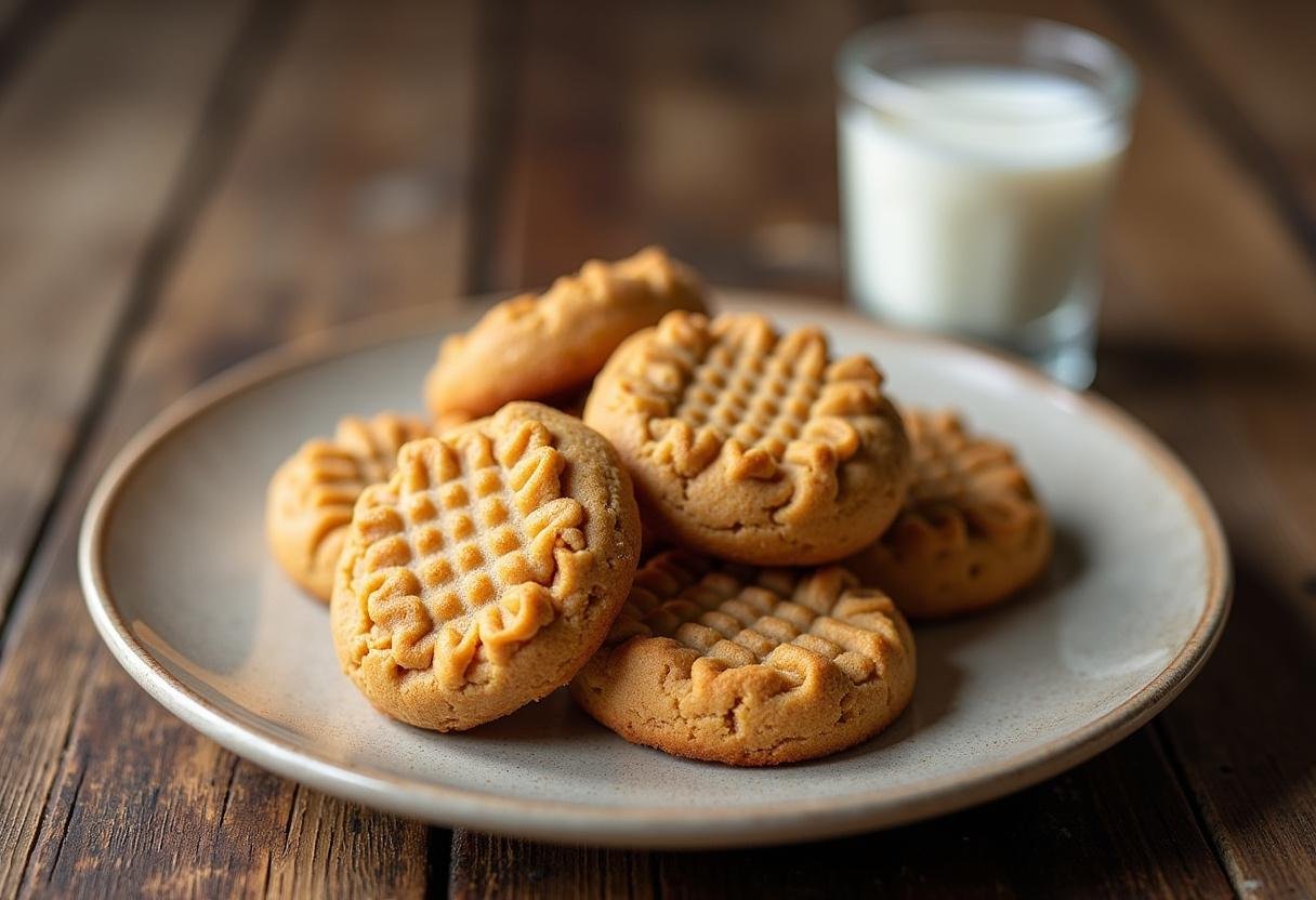 Delicious golden-brown Air Fryer Peanut Butter Cookies served with a glass of milk, perfect for a cozy treat.
