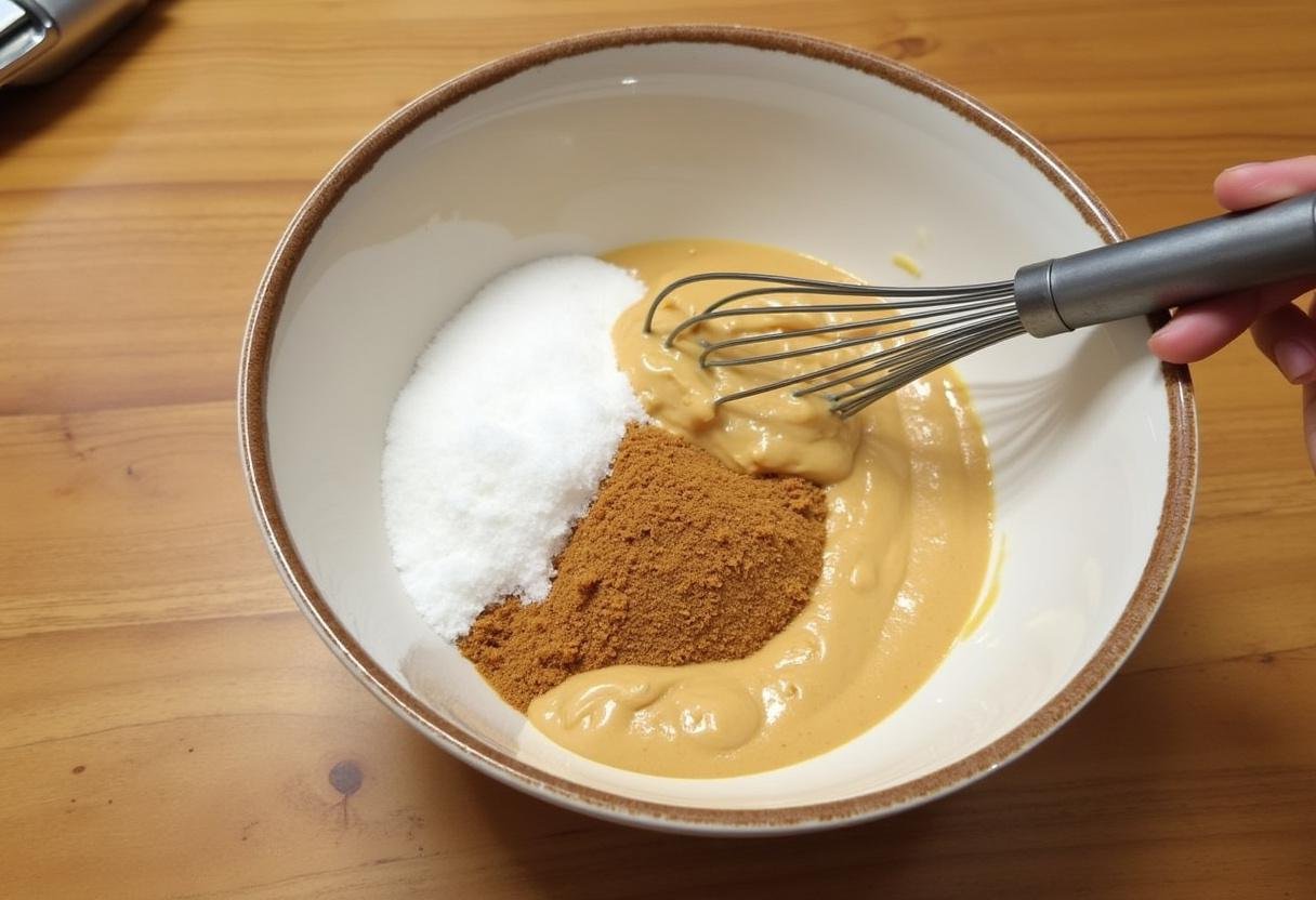 Ingredients for Air Fryer Peanut Butter Cookies, including peanut butter, granulated and brown sugar in a mixing bowl.