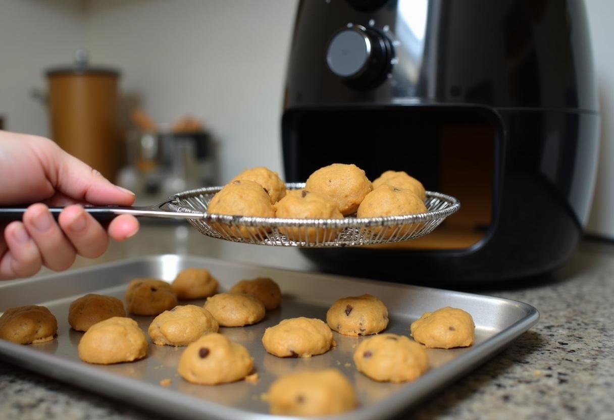 Cookie dough balls ready for baking in the air fryer for Peanut Butter Cookies.