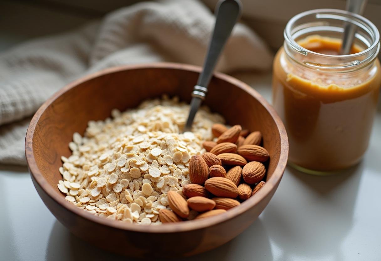 Ingredients for Almond Butter Energy Balls including rolled oats and almond butter.