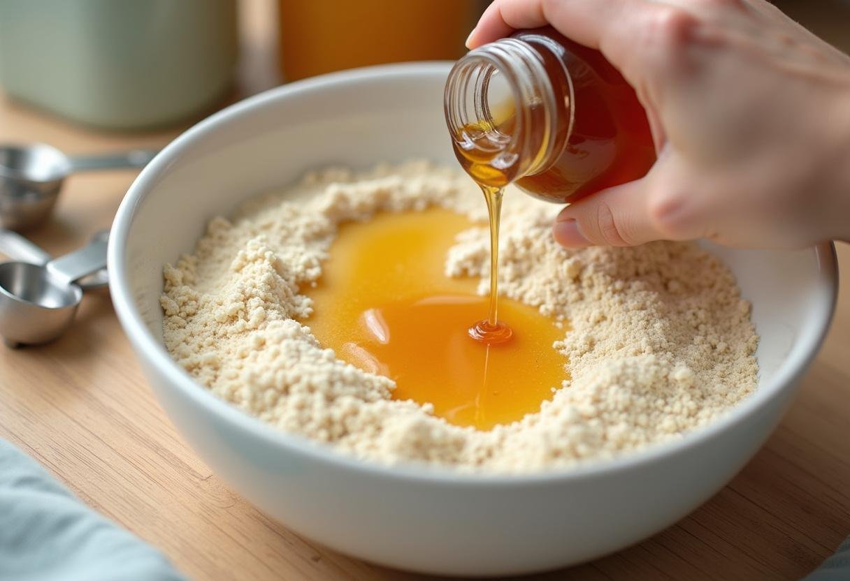 Honey being added to the mixture for Almond Butter Energy Balls.