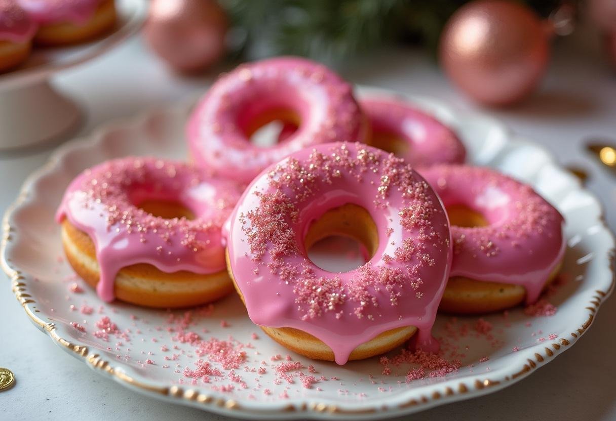 Delicious Barbie's Glam Glitter Donuts with sparkly glaze, perfect for a glamorous dessert table.
