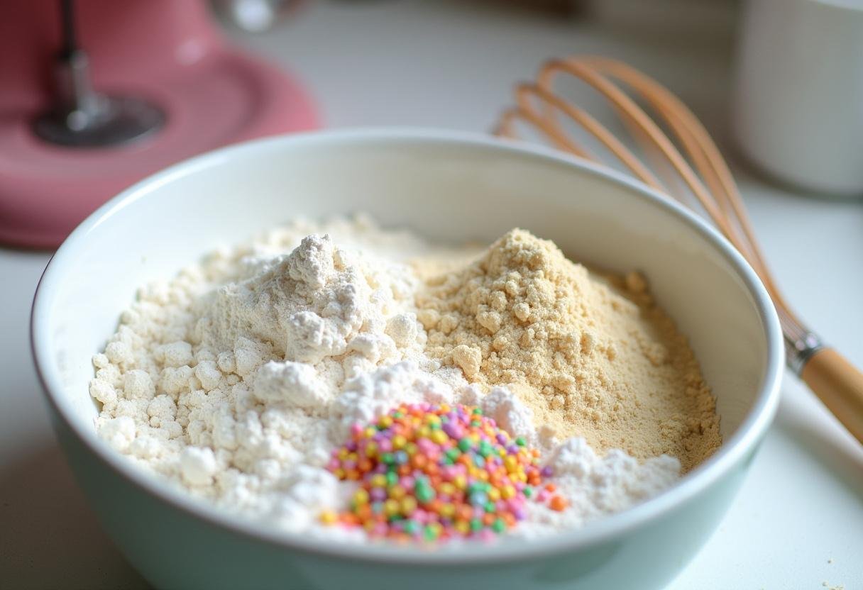 Ingredients for Barbie's Glam Glitter Donuts including flour and colorful sprinkles ready for mixing.