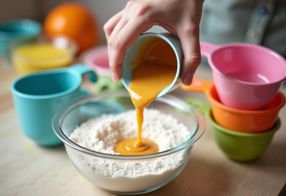 Combining wet and dry ingredients for Barbie's Glam Glitter Donuts to create a delicious batter.
