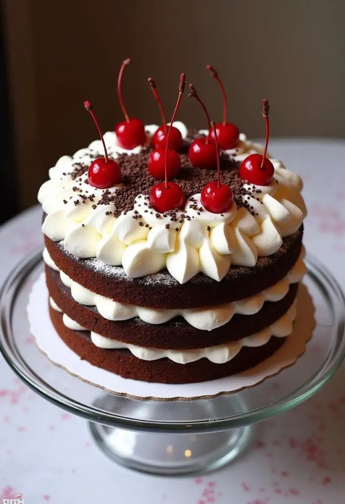 Beautifully decorated Black Forest Cherry Cake with whipped cream, cherries, and chocolate shavings, ready to impress at a dessert table.