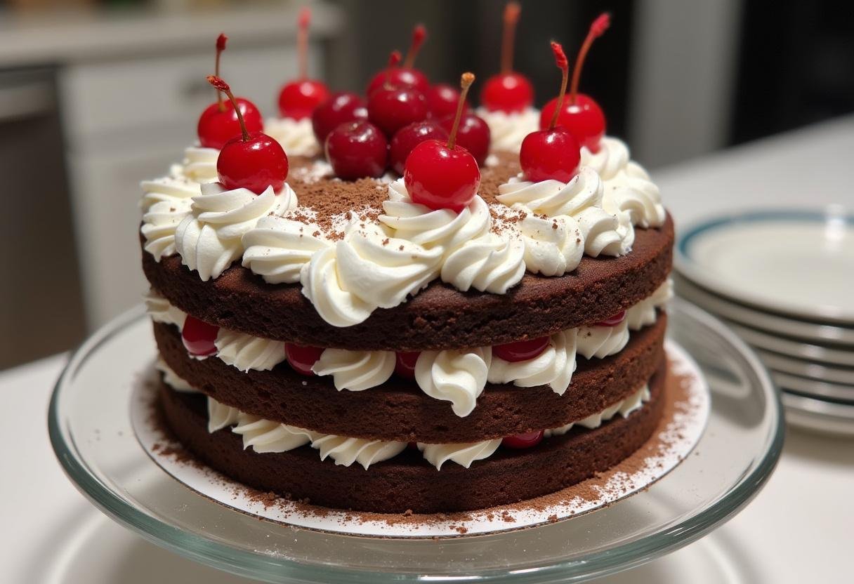 Beautifully decorated Black Forest Cherry Cake with whipped cream, cherries, and chocolate shavings, ready to impress at a dessert table.
