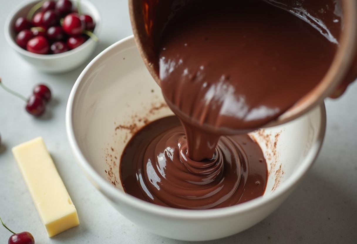 Pouring a chocolate mixture into the bowl for Black Forest Cherry Cake recipe preparation.