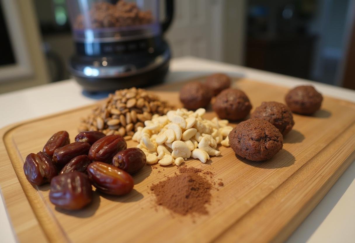 Ingredients for Black Panther's Vibranium Energy Bites on a cutting board, showcasing dates, nuts, and cocoa powder.