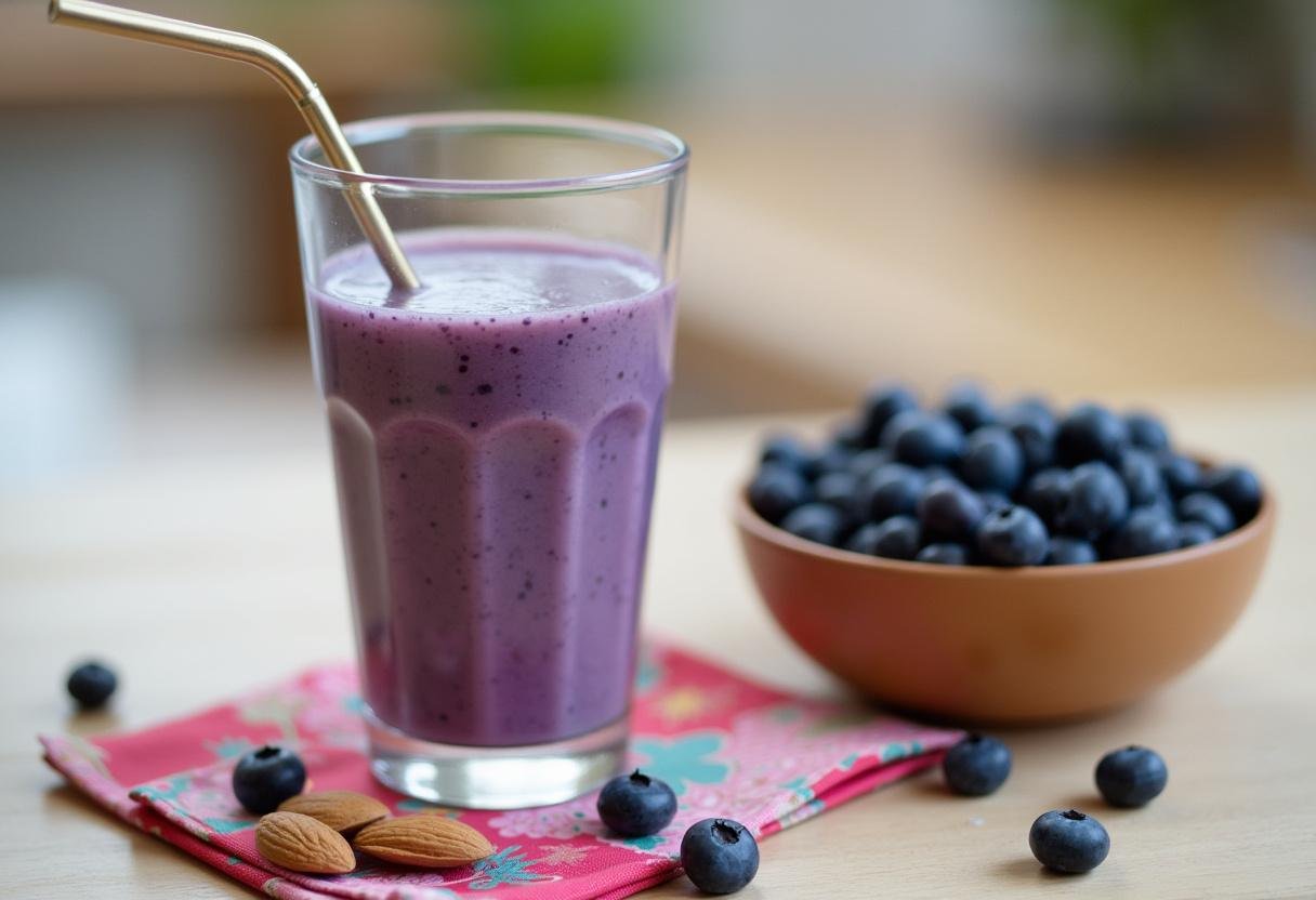 Delicious blueberry almond smoothie served with fresh ingredients, perfect for a healthy breakfast.