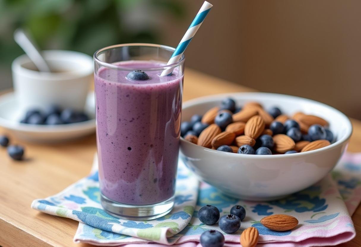 Delicious blueberry almond smoothie served with fresh ingredients, perfect for a healthy breakfast.