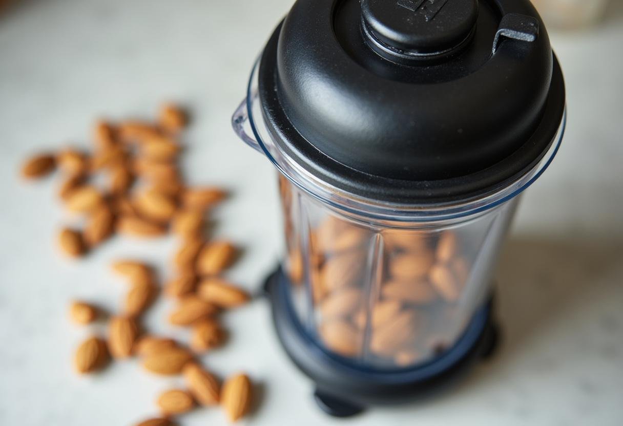 Blender with blueberries and yogurt prepared for Blueberry Almond Smoothie, almonds nearby.