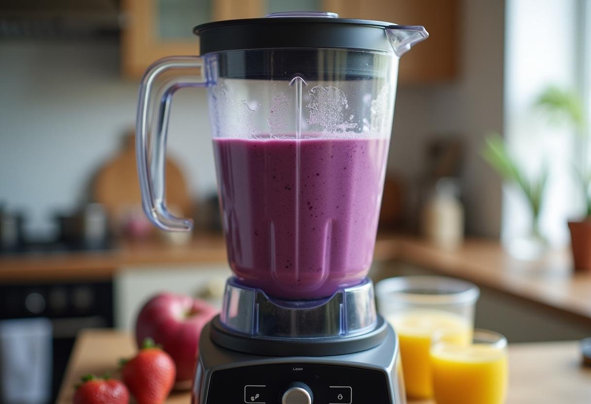 Blender creating a vibrant blueberry almond smoothie, showing the blending process.