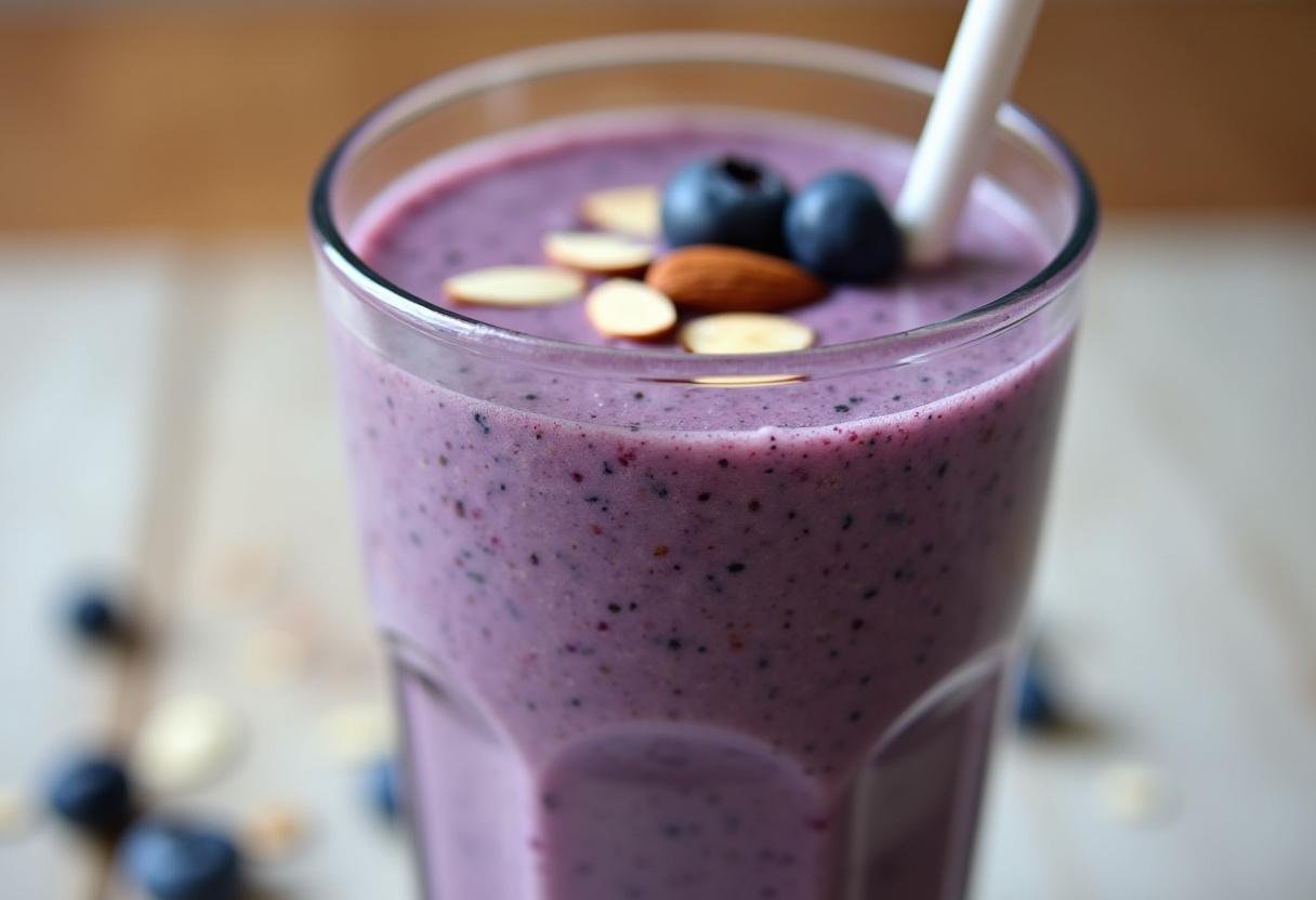 Pouring freshly blended blueberry almond smoothie into a tall glass, ready to enjoy.