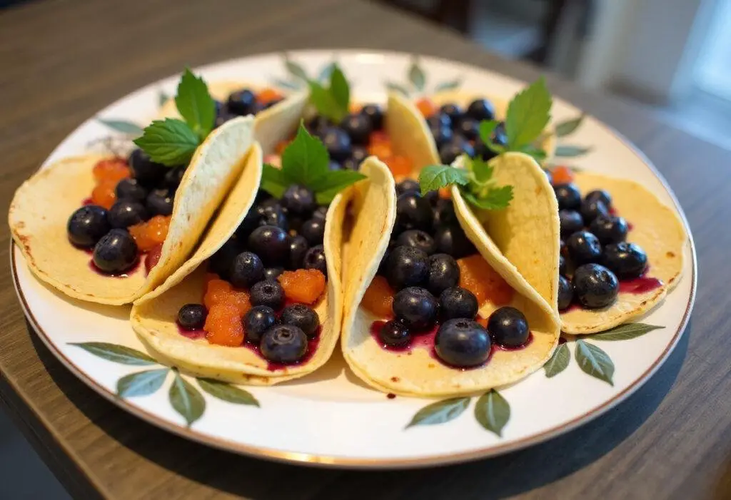 Finished Blueberry Cheesecake Tacos served on a platter, perfect for dessert lovers.