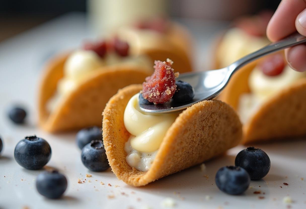 Filling graham cracker taco shells with cheesecake mixture for Blueberry Cheesecake Tacos.