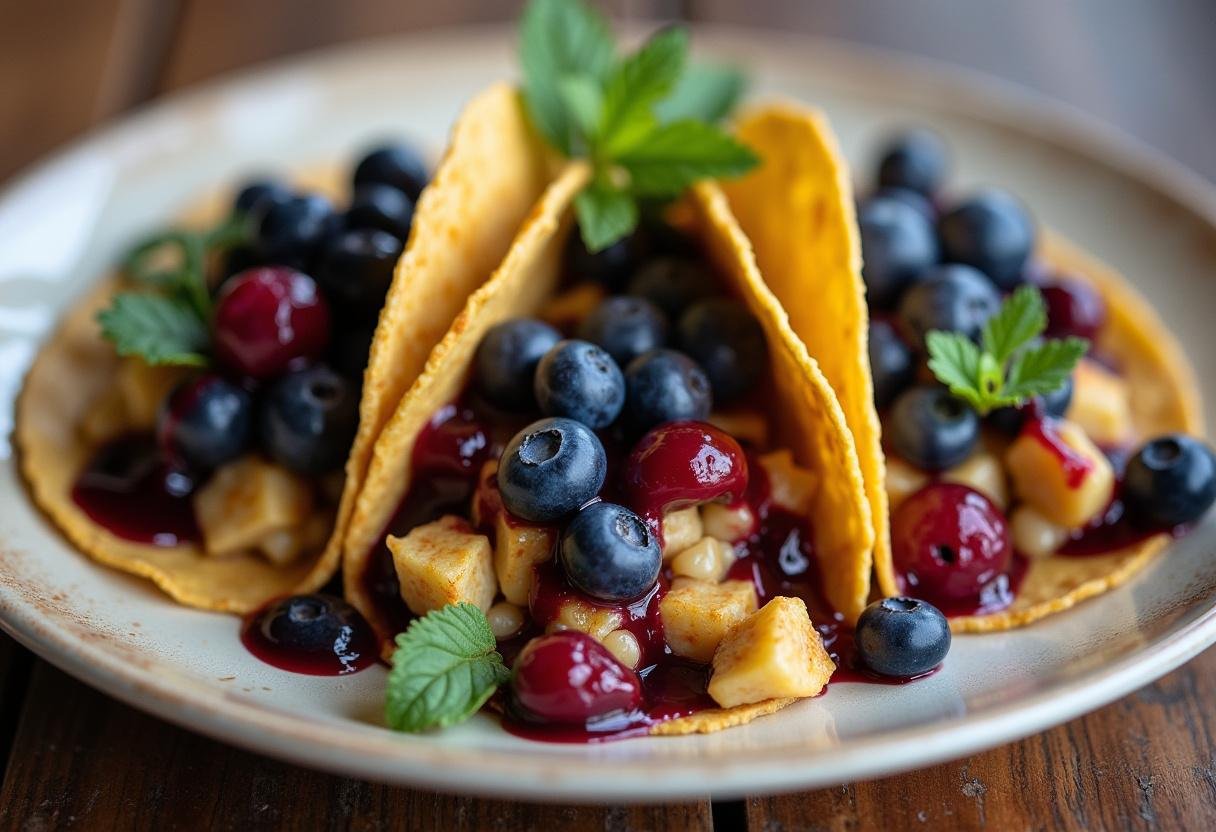 Assembled Blueberry Cheesecake Tacos topped with fresh blueberries and sauce ready for serving.