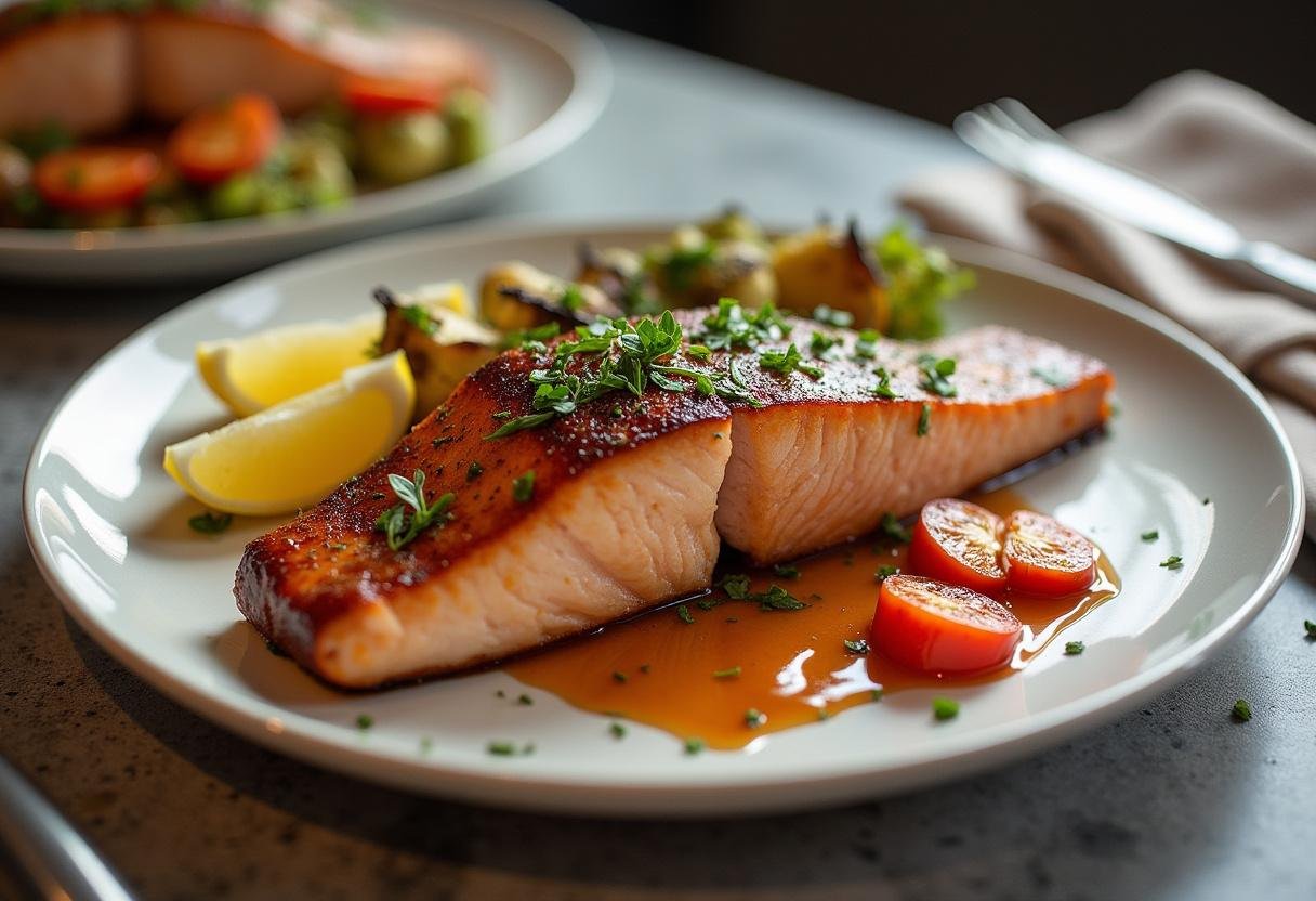 Completed Bold Bourbon Maple Glazed Salmon dish, elegantly presented for a delicious meal.