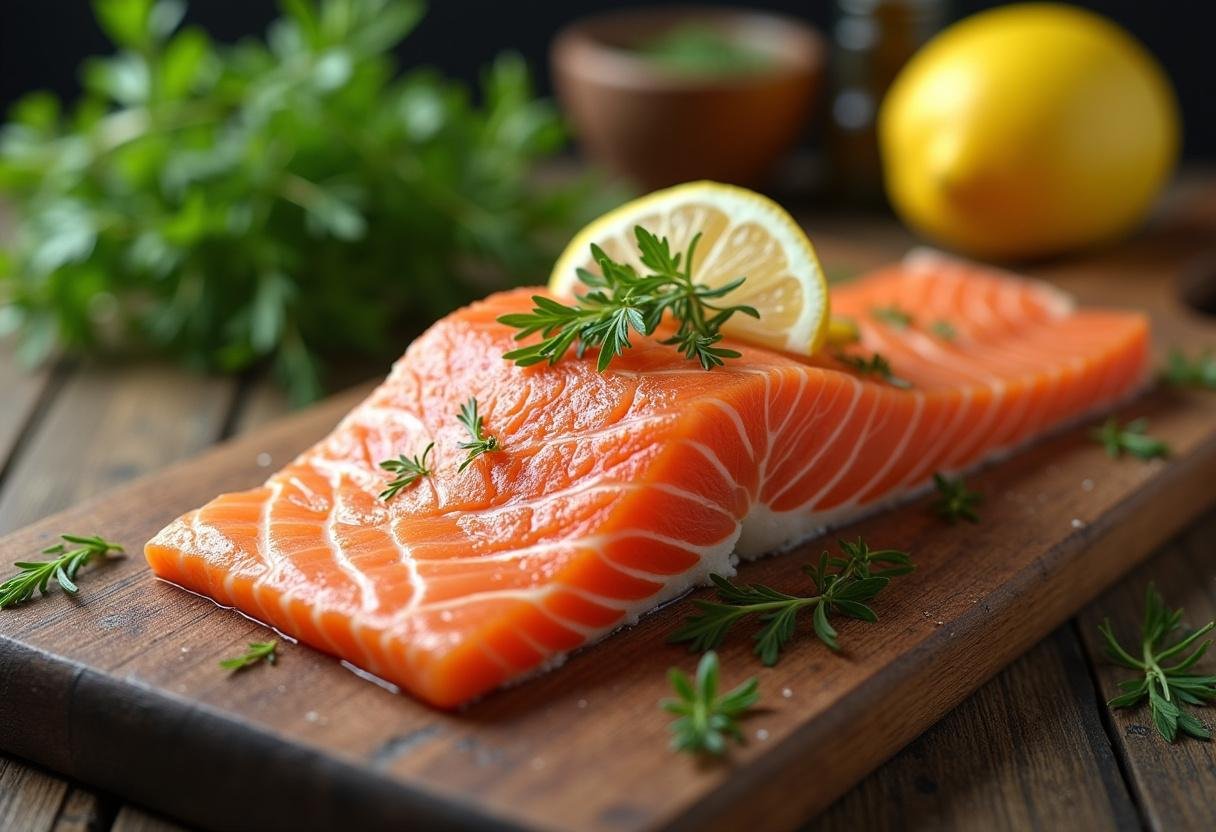 Salmon fillet garnished with herbs and lemon, preparing for Bold Bourbon Maple Glazed Salmon.