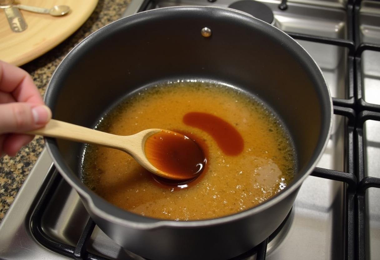 Ingredients for bourbon maple glaze being mixed in a saucepan for Bold Bourbon Maple Glazed Salmon.