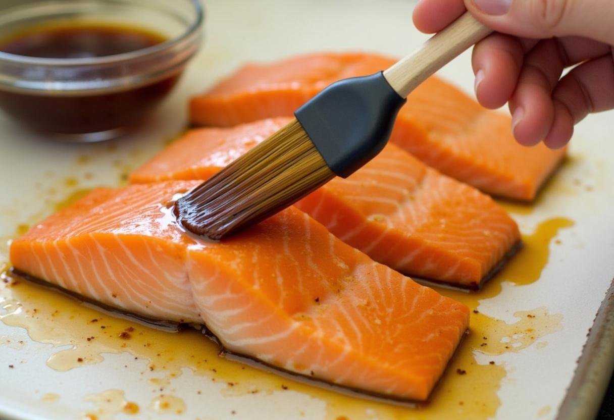 Brushing bourbon maple glaze on salmon fillet for Bold Bourbon Maple Glazed Salmon.