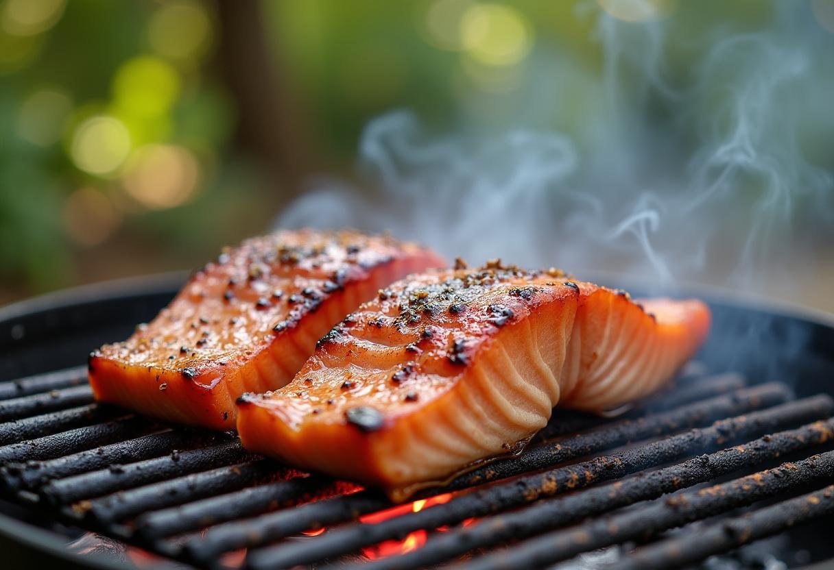 Grilled salmon fillet with bourbon maple glaze, cooking on a barbecue grill.