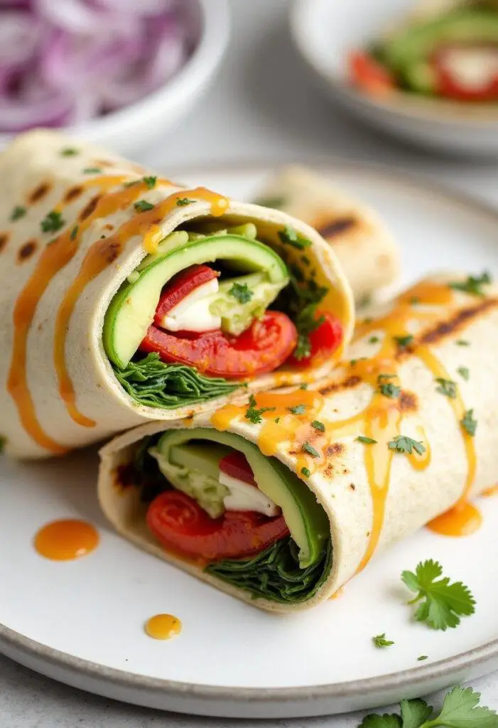 Finished Bold Chipotle Grilled Veggie Wrap served on a plate, ideal for a healthy meal.