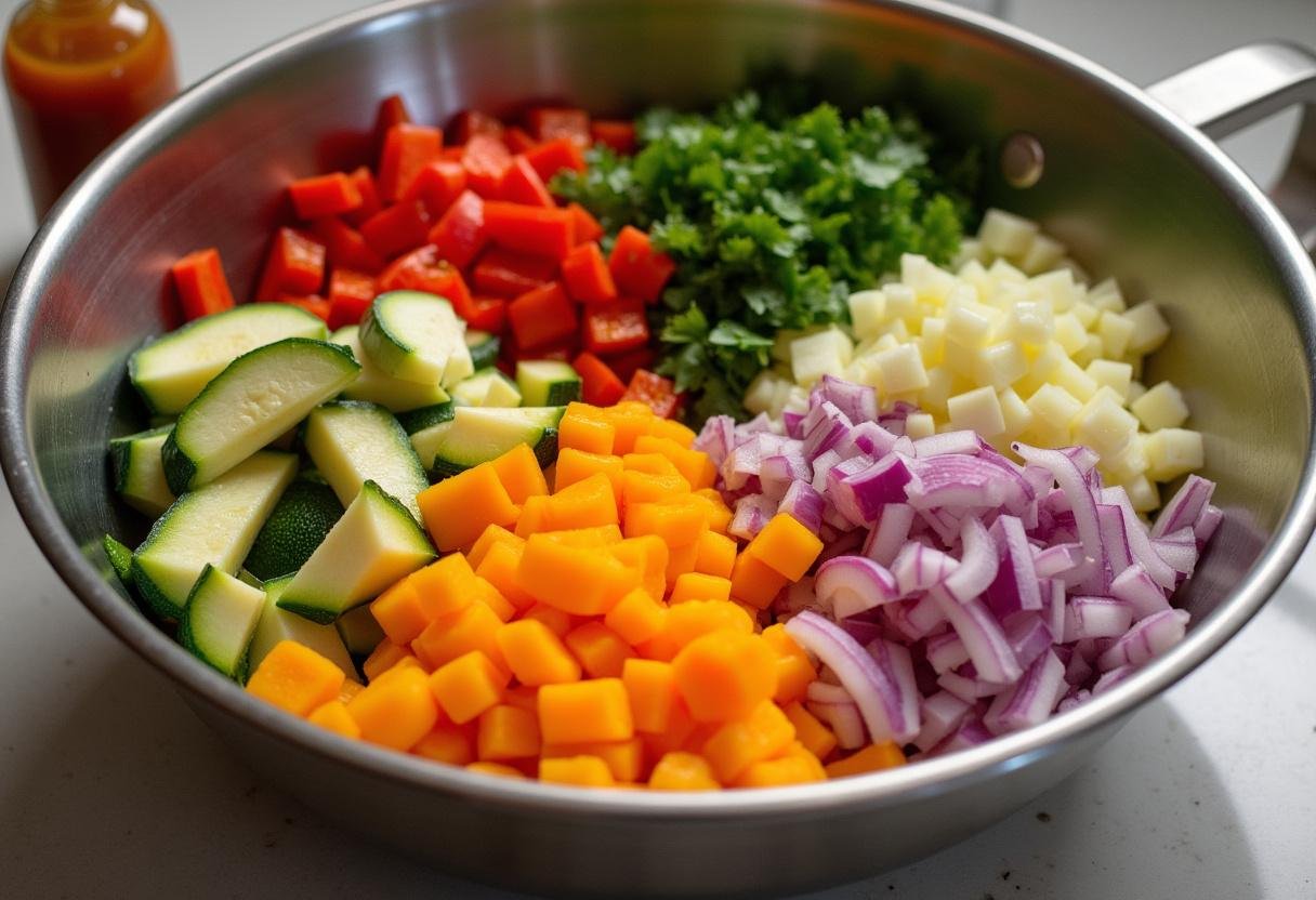 Chopped vegetables ready for a Bold Chipotle Grilled Veggie Wrap recipe.
