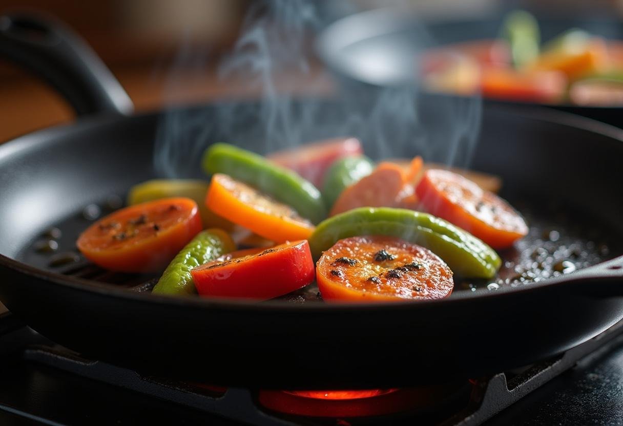 Grilling colorful vegetables for a Bold Chipotle Grilled Veggie Wrap.