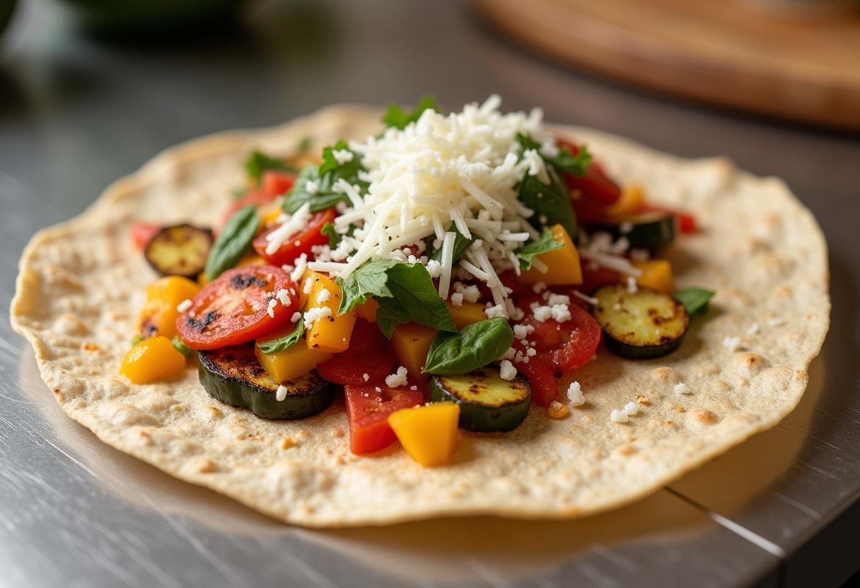 Assembly of Bold Chipotle Grilled Veggie Wrap with grilled veggies and cheese on a tortilla.