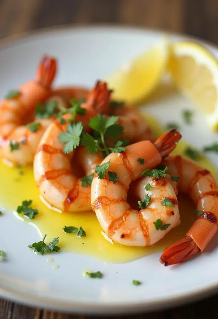 Finished bold garlic butter grilled shrimp served with lemon wedges and garnished with herbs.
