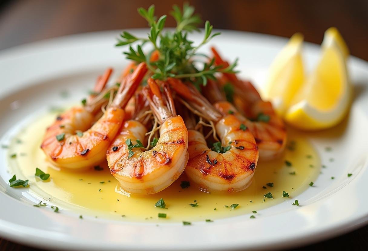 Finished bold garlic butter grilled shrimp served with lemon wedges and garnished with herbs.