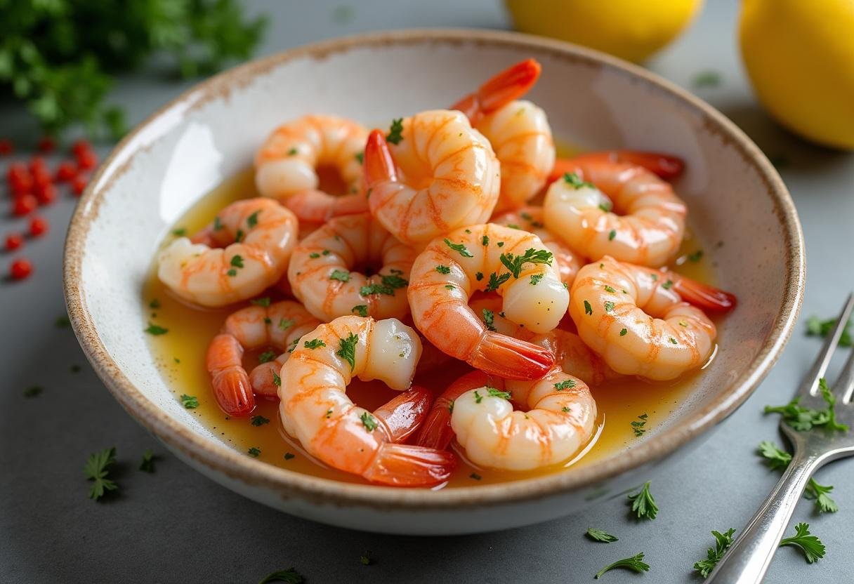 Shrimp marinating in garlic butter and spices for bold garlic butter grilled shrimp.