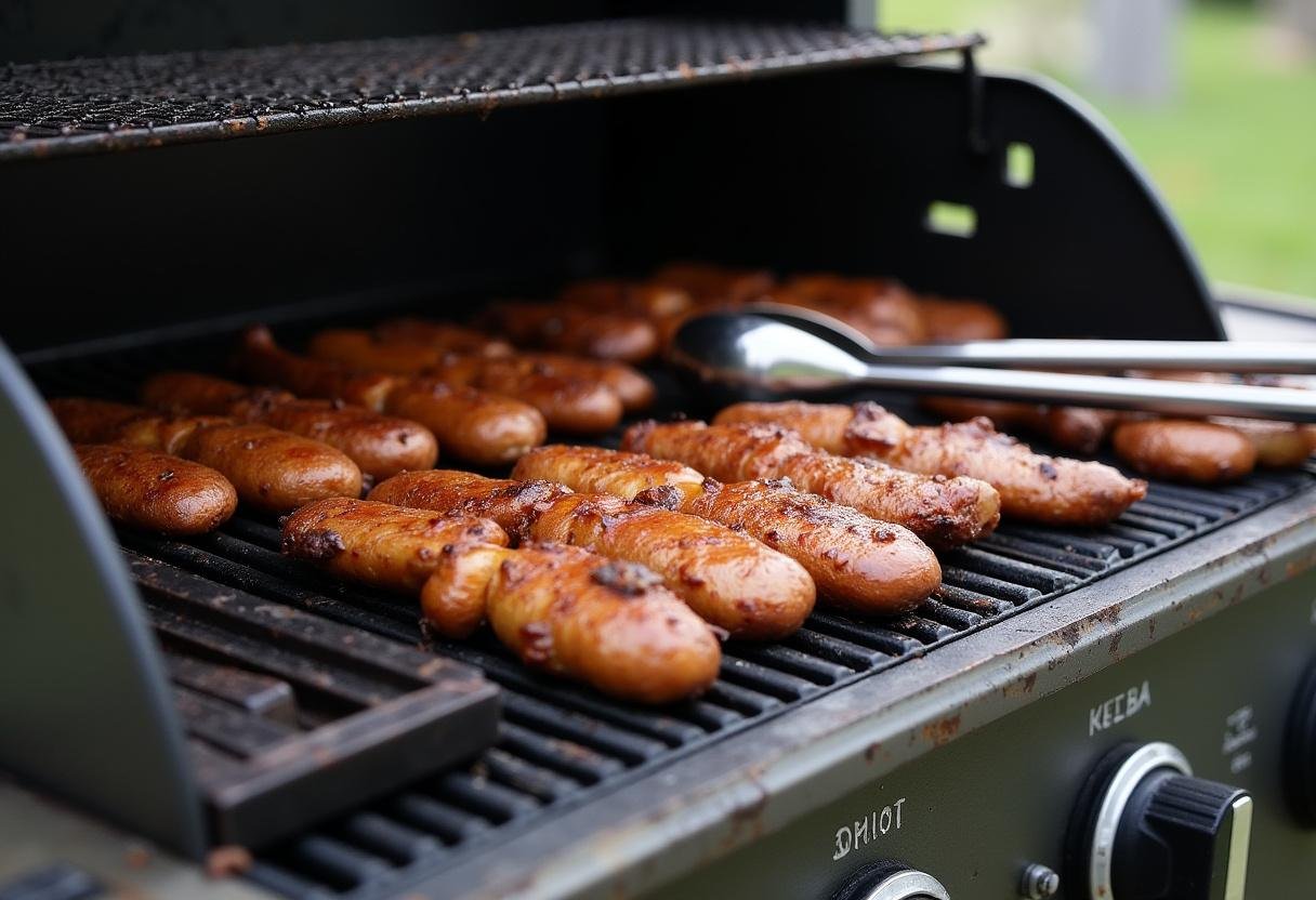 Grill preheating for cooking bold garlic butter grilled shrimp, with tongs in view.