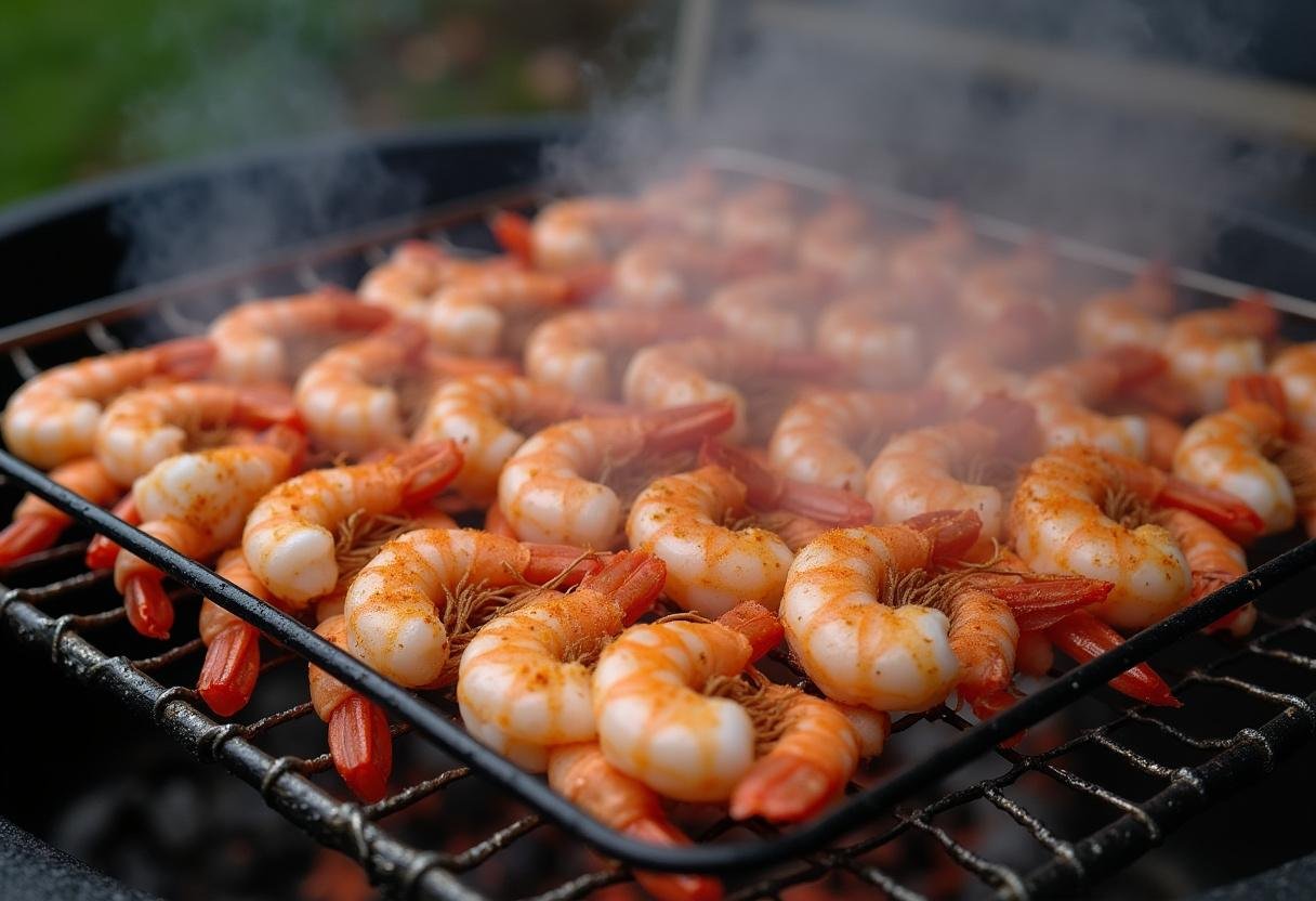 Shrimp placed in a grilling basket, ready for bold garlic butter grilling.
