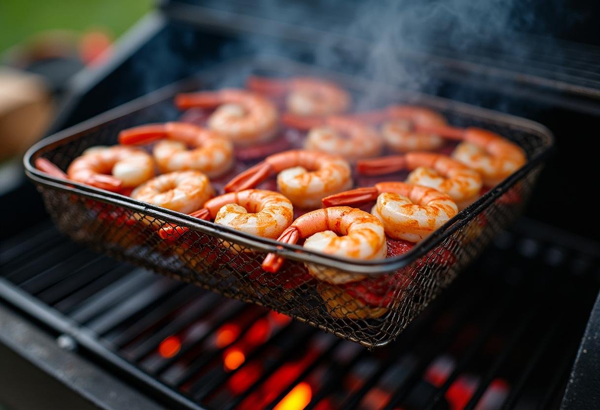Grilling basket with shrimp placed on a hot grill, ready to cook for bold garlic butter grilled shrimp.
