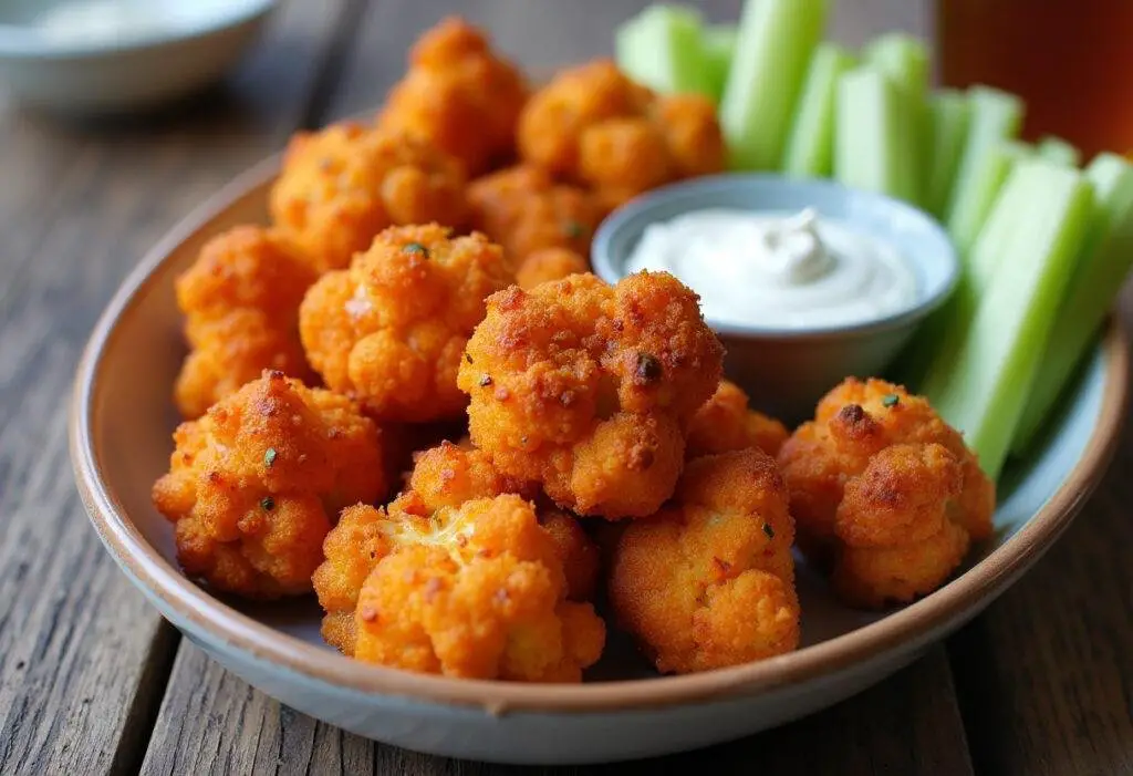 Crispy Bold and Spicy Buffalo Caul ready to serve, accompanied by celery and ranch dressing.