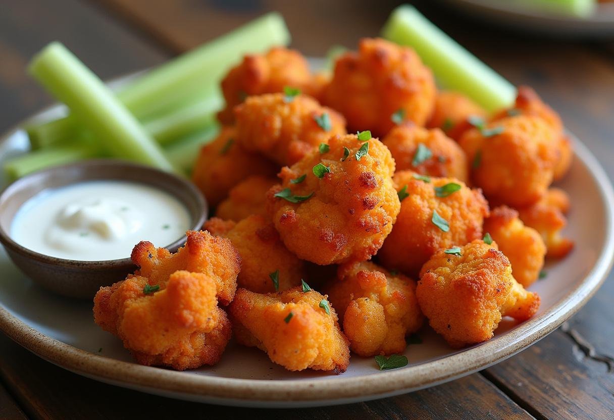 Crispy Bold and Spicy Buffalo Caul ready to serve, accompanied by celery and ranch dressing.