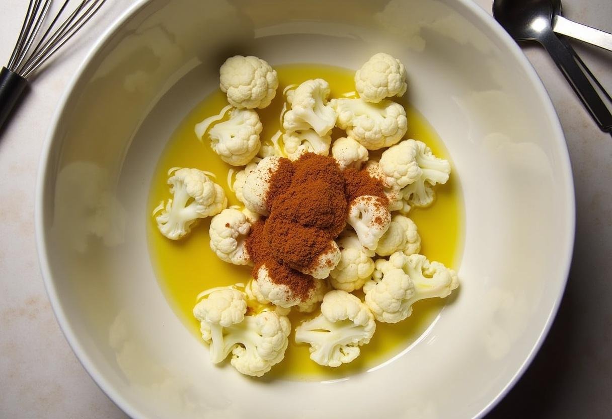 Cauliflower florets coated in olive oil and spices for Bold and Spicy Buffalo Caul.