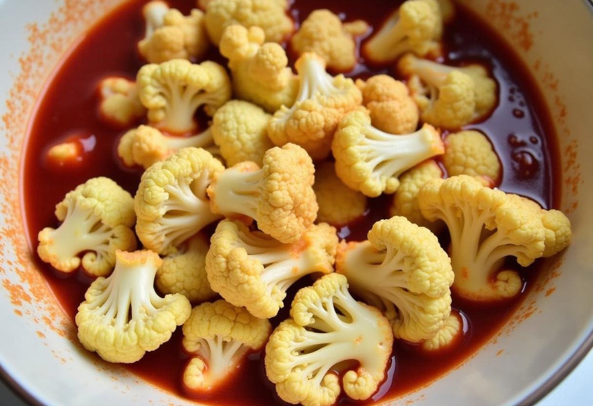 Cauliflower tossed in spicy buffalo sauce, preparing for baking in Bold and Spicy Buffalo Caul recipe.