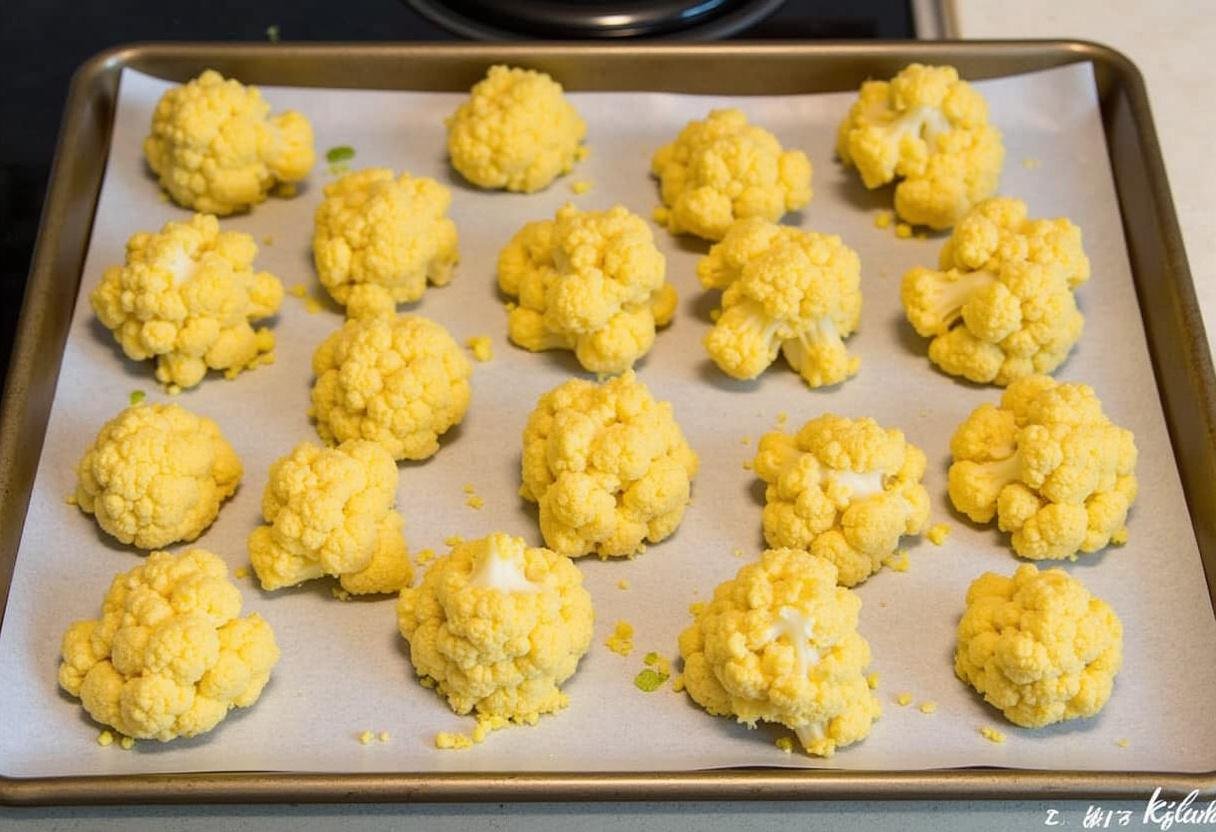 Buffalo-coated cauliflower arranged on a baking sheet, ready for the oven in Bold and Spicy Buffalo Caul.