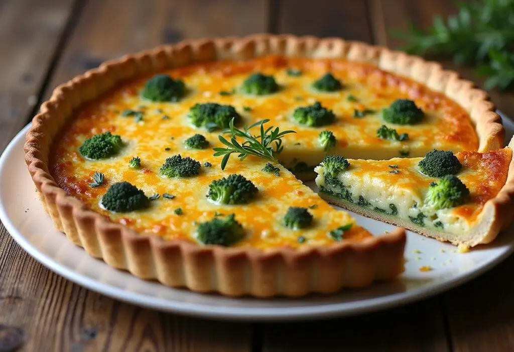 Finished Broccoli Cheddar Quiche presented on a wooden table, perfect for brunch or meals.