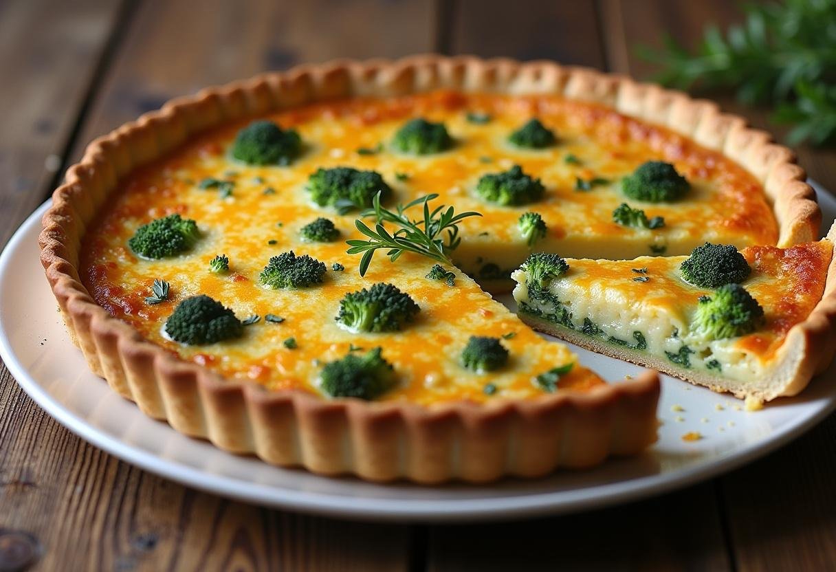 Finished Broccoli Cheddar Quiche presented on a wooden table, perfect for brunch or meals.