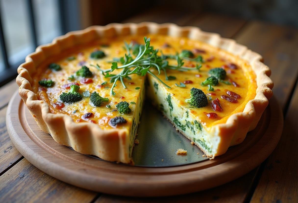 Finished Broccoli Cheddar Quiche presented on a wooden table, perfect for brunch or meals.