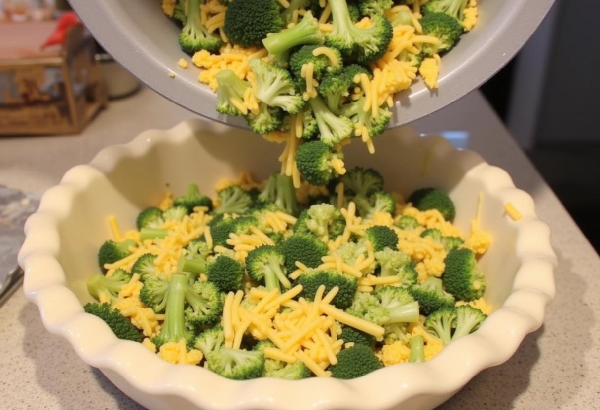 Broccoli and cheddar mixture being poured into the quiche crust for baking.