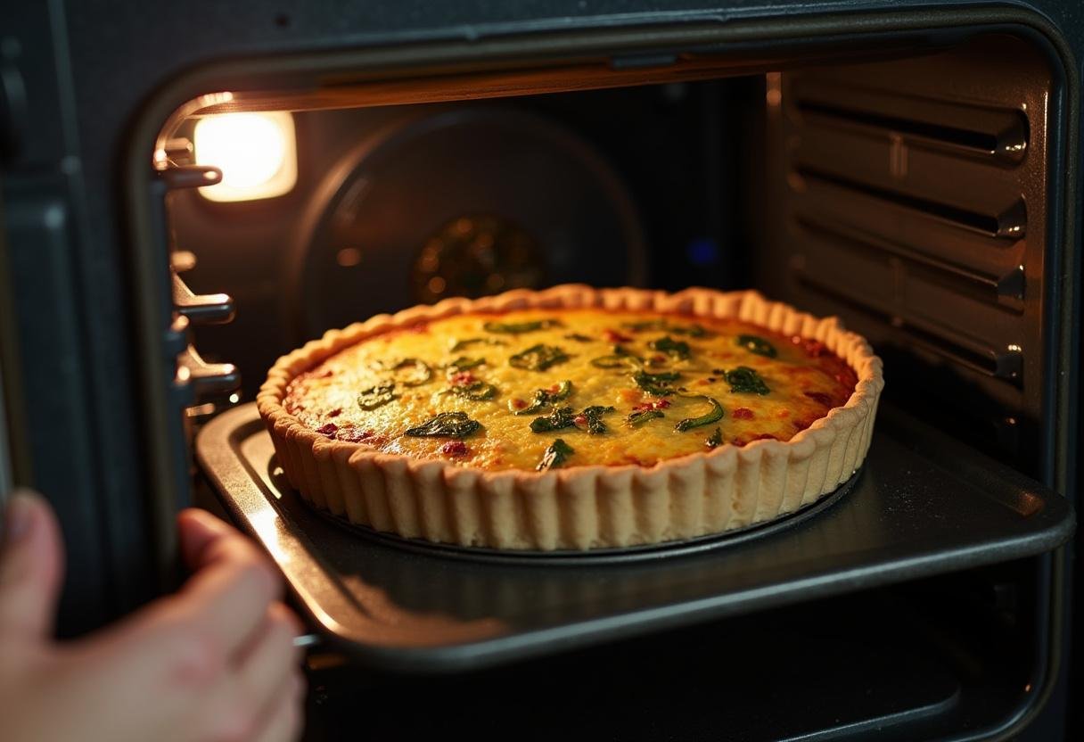 Broccoli Cheddar Quiche being placed in the oven to bake until golden brown.