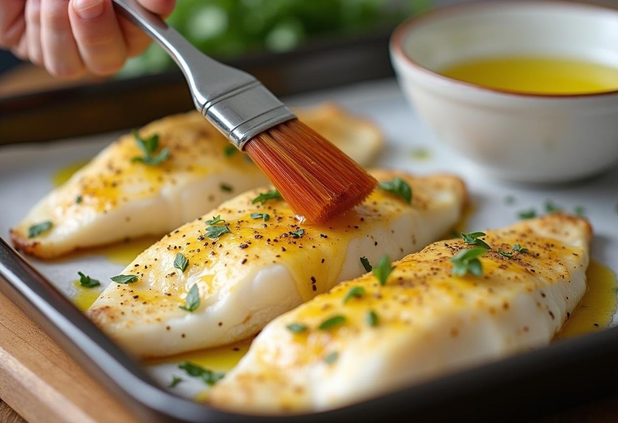 Brushing olive oil on seasoned tilapia for a delicious broil.