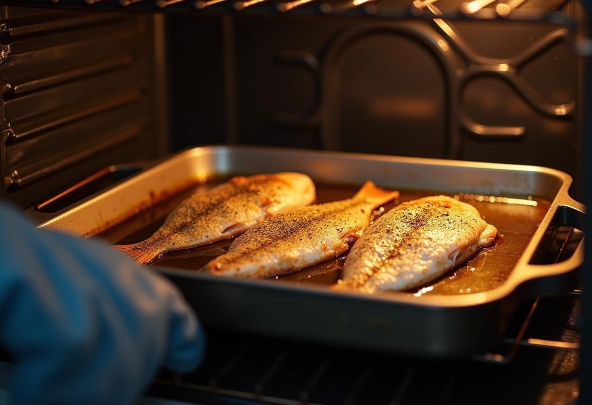 Placing the broiling pan with tilapia into the hot oven for cooking.