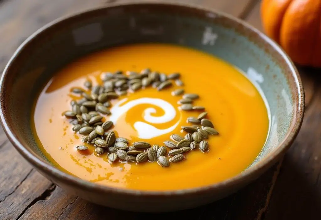 Delicious and creamy butternut squash soup garnished with cream and pumpkin seeds, perfect for a cozy meal.