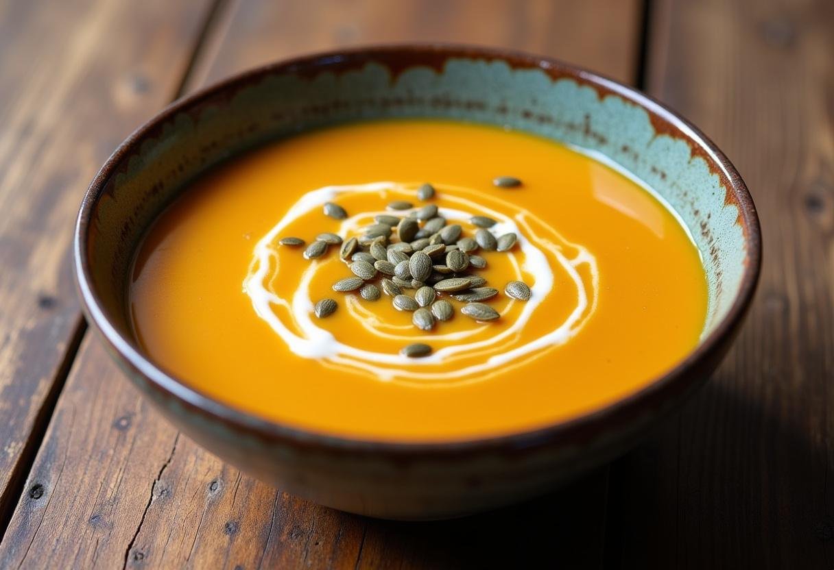 Delicious and creamy butternut squash soup garnished with cream and pumpkin seeds, perfect for a cozy meal.