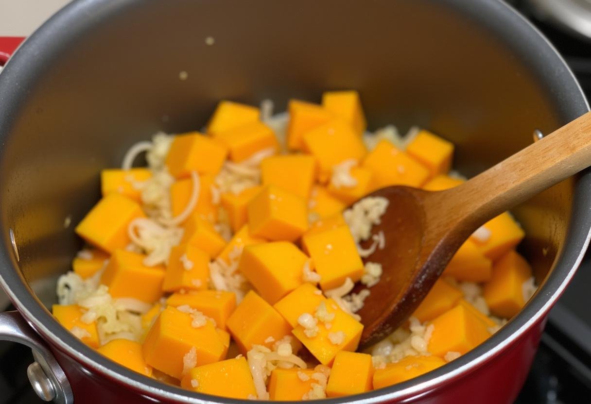 Diced butternut squash, onions, and garlic sautéing for Butternut Squash Soup preparation.